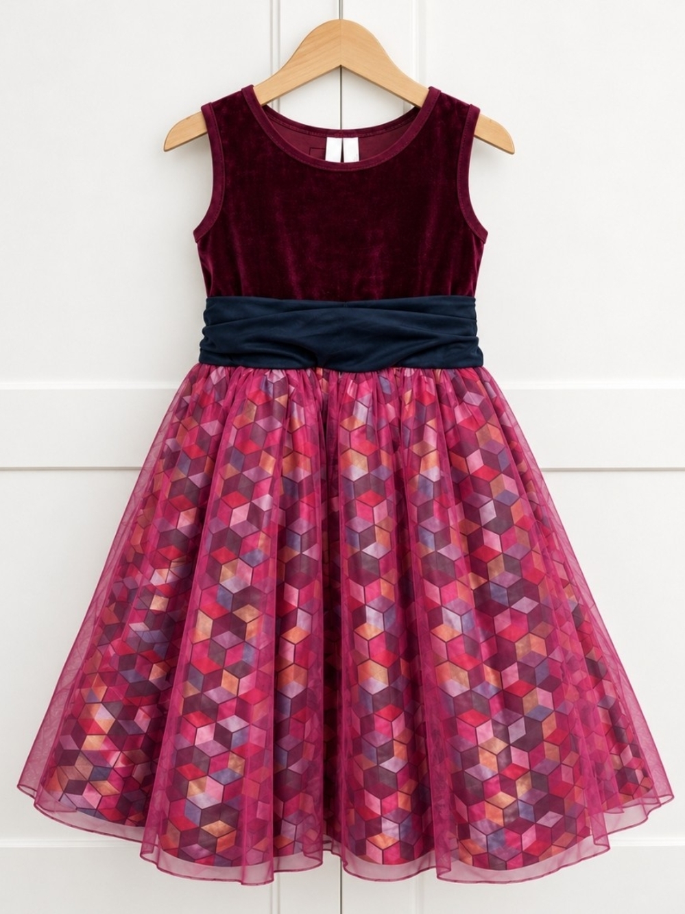 Girls Velvet & Geometric Tulle Dress in Berry with Navy Sash